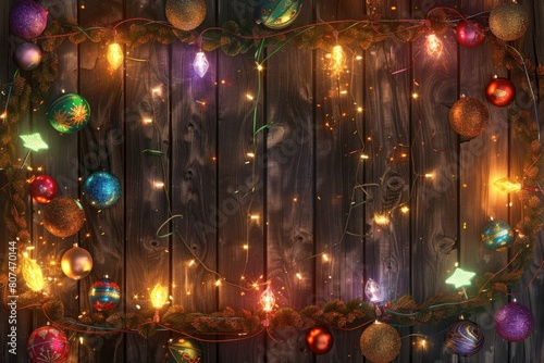 Festive New Year s Garlands on Wooden Background  Colorful Lights and Decorative Ornaments