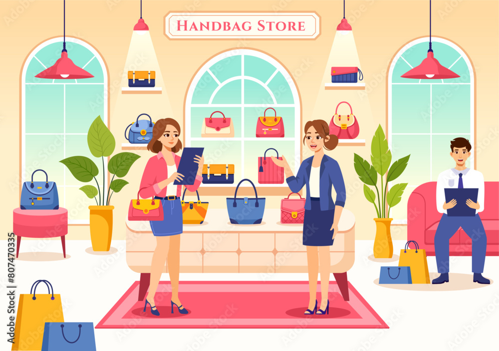 Handbag Store Vector Illustration with Collection of Various Quality Bags and Different Types of Lifestyle in Flat Cartoon Background Design Handbag Store Vector Illustration with Collection of Various Quality Bags and Different Types of Lifestyle in Flat Cartoon Background Design