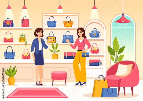 Handbag Store Vector Illustration with Collection of Various Quality Bags and Different Types of Lifestyle in Flat Cartoon Background Design