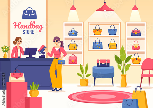 Handbag Store Vector Illustration with Collection of Various Quality Bags and Different Types of Lifestyle in Flat Cartoon Background Design