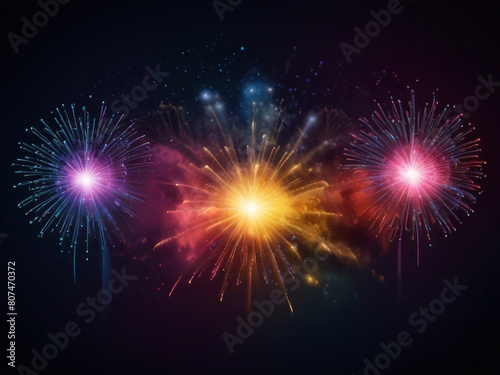 Colorful vibrant glittering fireworks Background with glow smoke and confetti banner ai generative