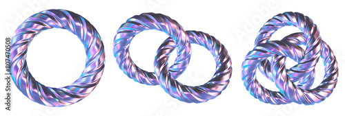 3D iridescent holographic twisted rings. Set of 3 design elements. PNG format with transparent background.