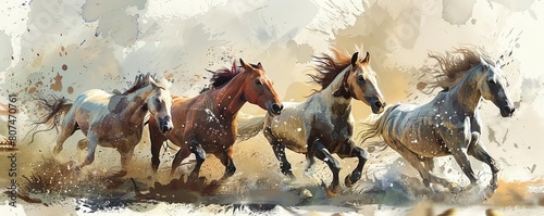 Illustrate a breathtaking scene of running horses  achieving a painterly effect through digital techniques that mimic the richness of oil paint  showcasing their dynamic movement and spirited energy