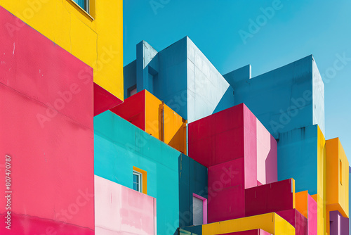 Avant-garde architecture concept. Low angle view to a building with walls painted in different vibrant colors over blue sky. Suprematism style. Sunny day. Outdoor shot photo