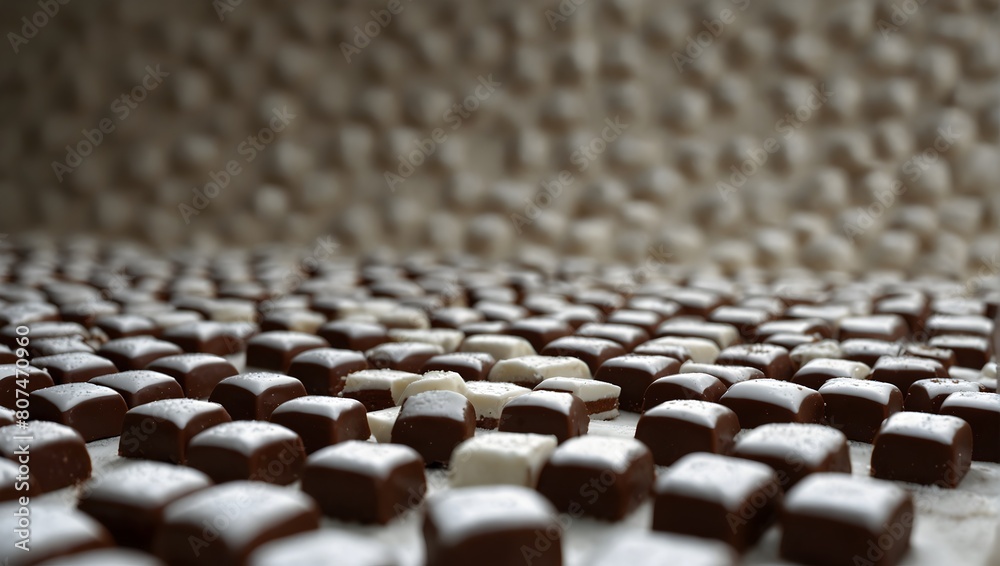 Fototapeta premium A sea of solid white, a single chocolate beckons, its richness contrasting against the purity surrounding it ai_generated