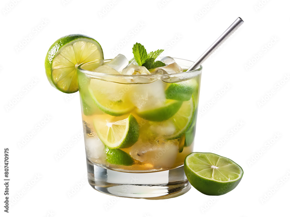 A glass of ice water with lime and mint leaves A glass of ice water with lime and mint leaves