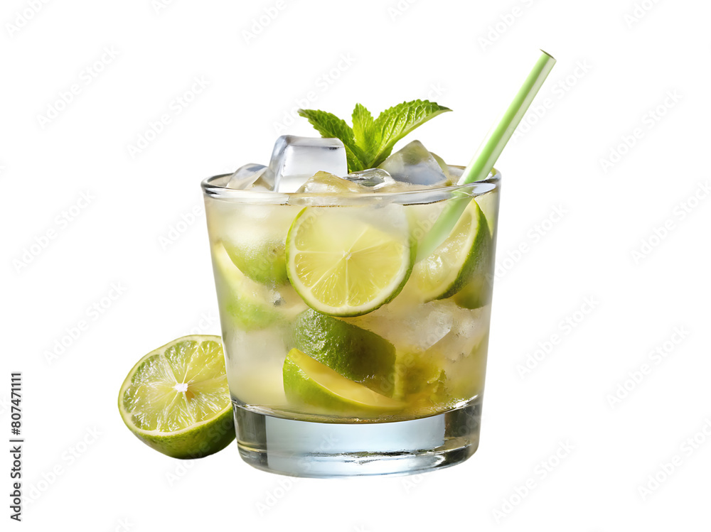 A glass of ice water with lime and mint leaves A glass of ice water with lime and mint leaves