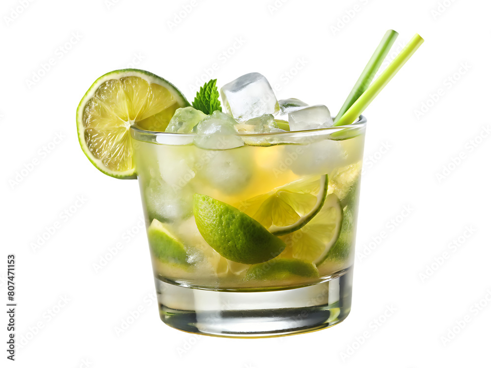 A glass of ice water with lime and mint leaves A glass of ice water with lime and mint leaves