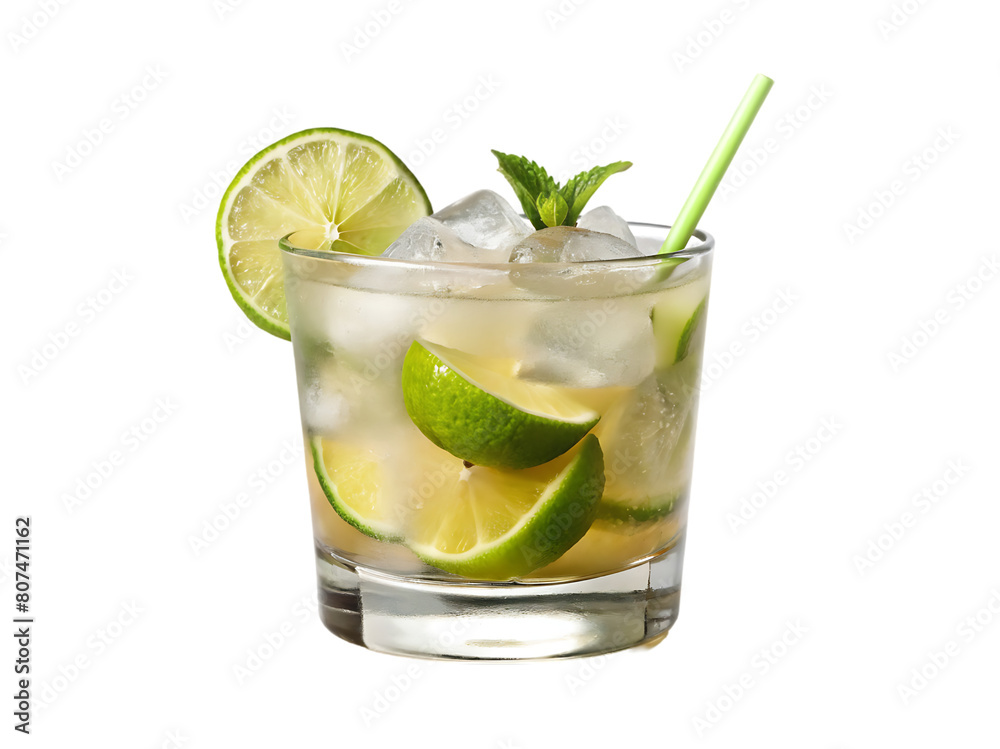 A glass of ice water with lime and mint leaves