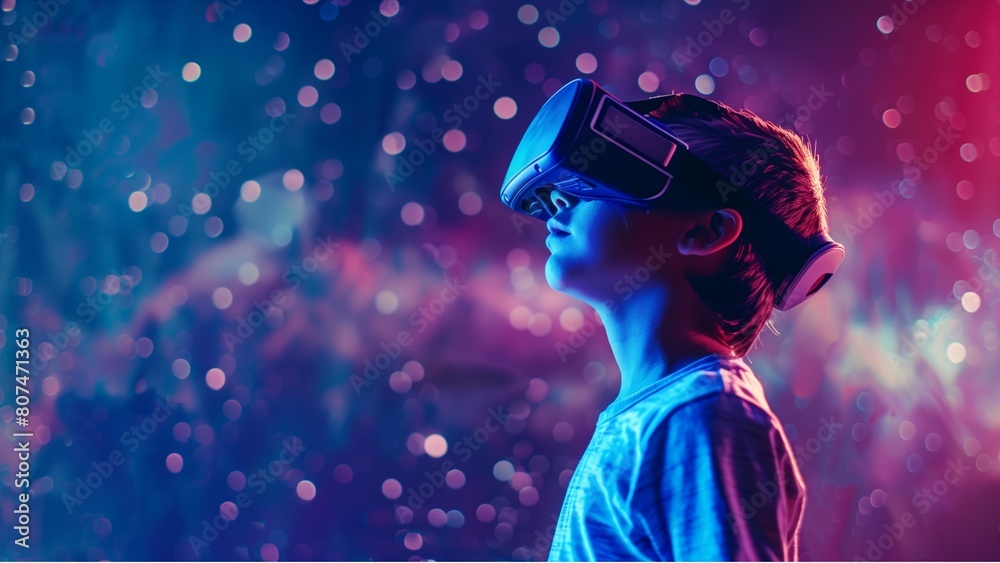 Kid wearing VR connected to metaverse. Innovative boy wearing VR headset playing online.. with high resolution photography, copy space for text banner background Kid wearing VR connected to metaverse. Innovative boy wearing VR headset playing online.. with high resolution photography, copy space for text banner background