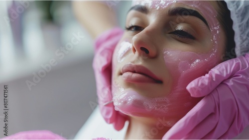 Young woman during face peeling procedure in salon, closeup. with high resolution photography, copy space for text banner background photo