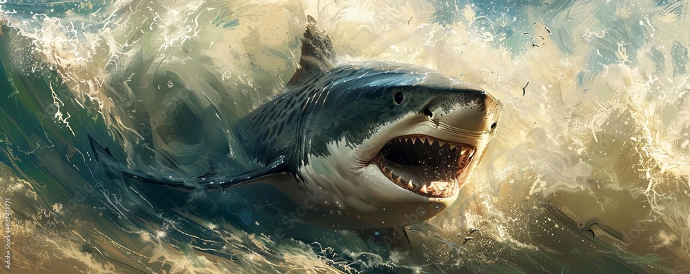 Obraz premium Capture the fierce energy of a tiger shark as it propels itself through turbulent waves, teeth gleaming and fins slicing through the water with power and precision