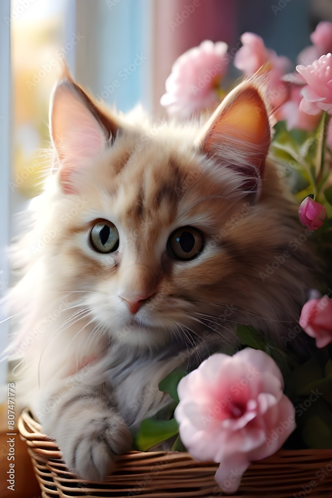 Graceful Feline Amid Blossoms: Cream Cat Portrait in Indoor Garden