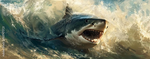 Capture the fierce energy of a tiger shark as it propels itself through turbulent waves, teeth gleaming and fins slicing through the water with power and precision