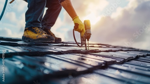 Intense focus on a professional using an air nail gun on a new roof, highlighting modern roofing techniques and safety gear