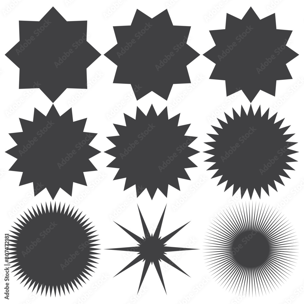 Fototapeta premium Sticker starburst shape, badge star, sale round vector icon, price circle, sun label, black tag isolated on white background. Award and medal , achievement collection. Simple illustration. EPS 10.