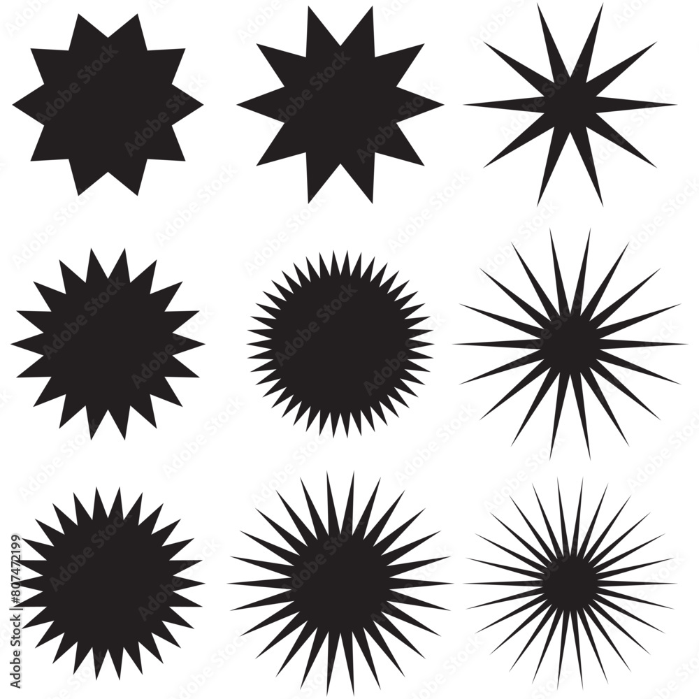 Sticker starburst shape, badge star, sale round vector icon, price circle, sun label, black tag isolated on white background. Award and medal , achievement collection. Simple illustration. EPS 10. Sticker starburst shape, badge star, sale round vector icon, price circle, sun label, black tag isolated on white background. Award and medal , achievement collection. Simple illustration. EPS 10.