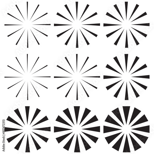 Radial sun burst. Black-white round sunburst icons. Starburst circles. Abstract stripes with center. Sunburst elements isolated on white background. Circular stars. Vector. EPS 10.