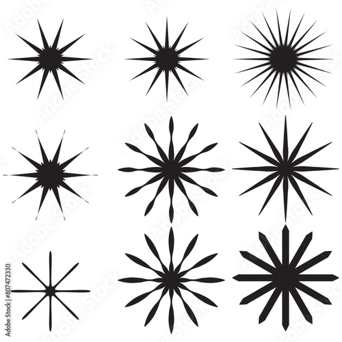 Radial sun burst. Black-white round sunburst icons. Starburst circles. Abstract stripes with center. Sunburst elements isolated on white background. Circular stars. Vector. EPS 10.