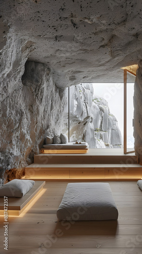 The building resembles a rocky cave  with a rugged landscape inside