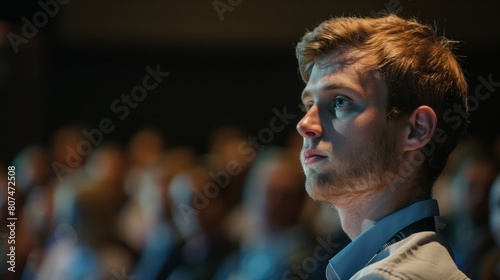 A young man listening intently at a professional conference.