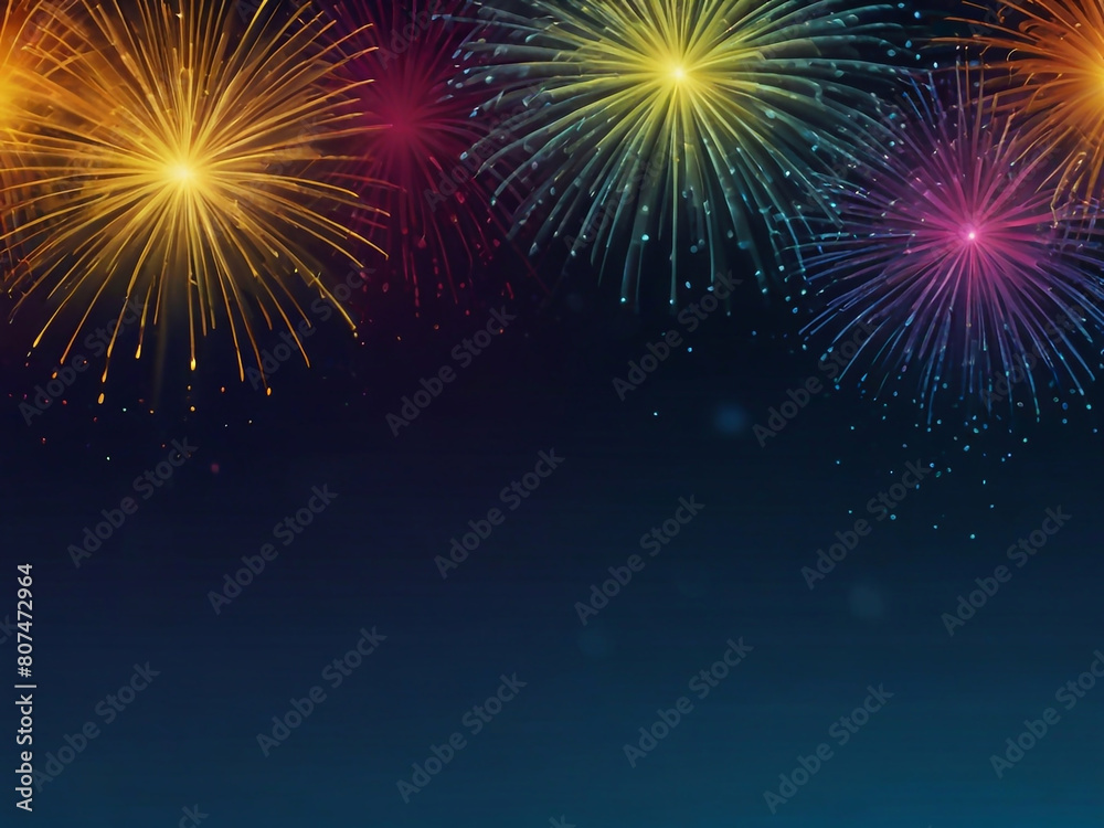 Naklejka premium Colorful vibrant glittering fireworks Background with glow smoke and confetti banner ai generative