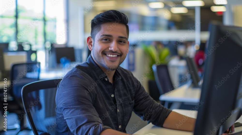 Confident young professional working attentively at his computer in a bright office. Confident young professional working attentively at his computer in a bright office.