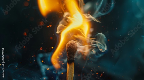 wooden match burning in flames on black background generative ai