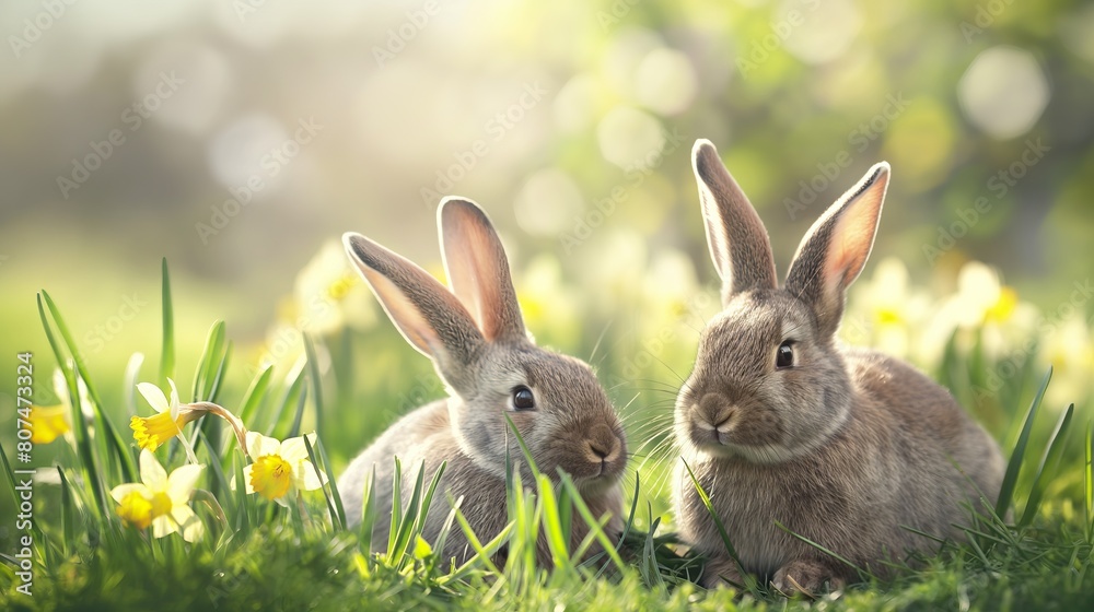 Cute easter bunnies in grass with daffodils