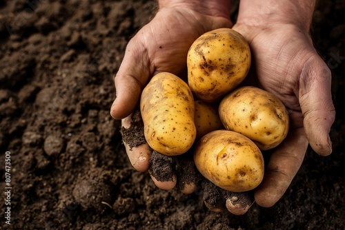 Potatoes in hands on soil background. Selective focus