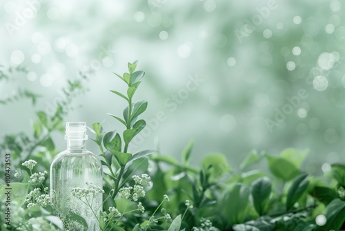 Cosmetic bottle on blue background with green leaves and water drops