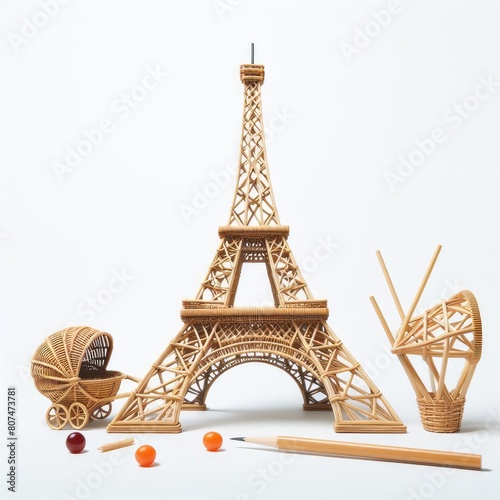 Iconic Eiffel Tower crafted from intricately woven bamboo, a fusion of tradition and modernity.