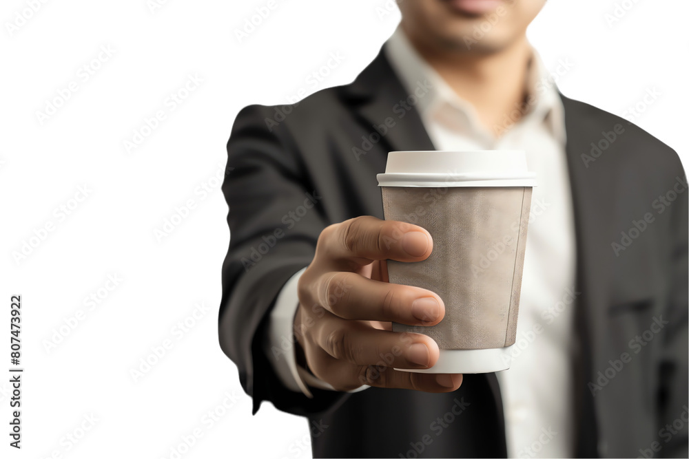 Smiling businessman in a suit drinks coffee during an office break Smiling businessman in a suit drinks coffee during an office break