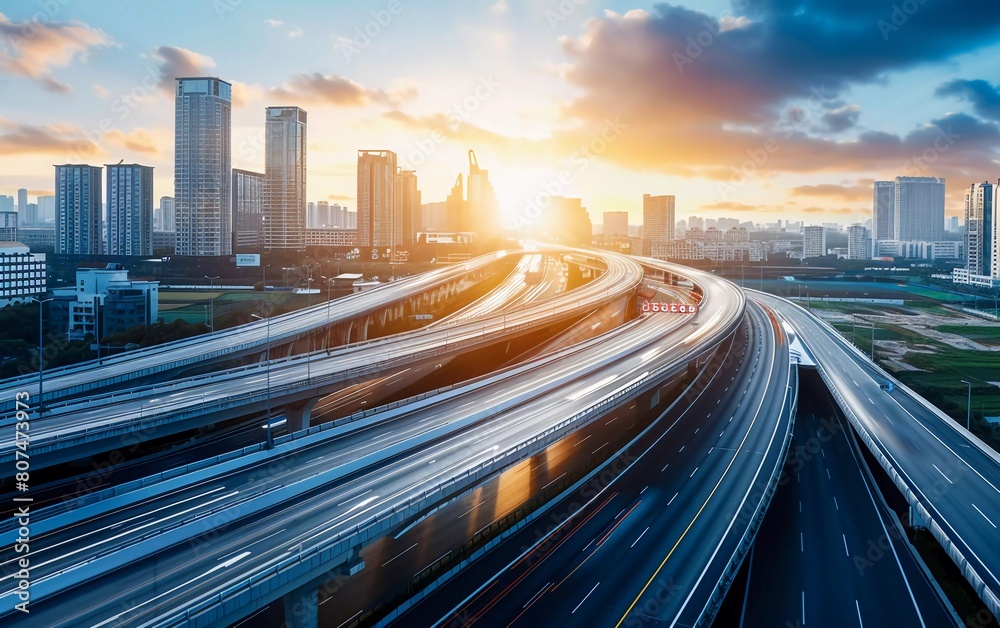 Fototapeta premium Blurred flyover movement with very beautiful city background