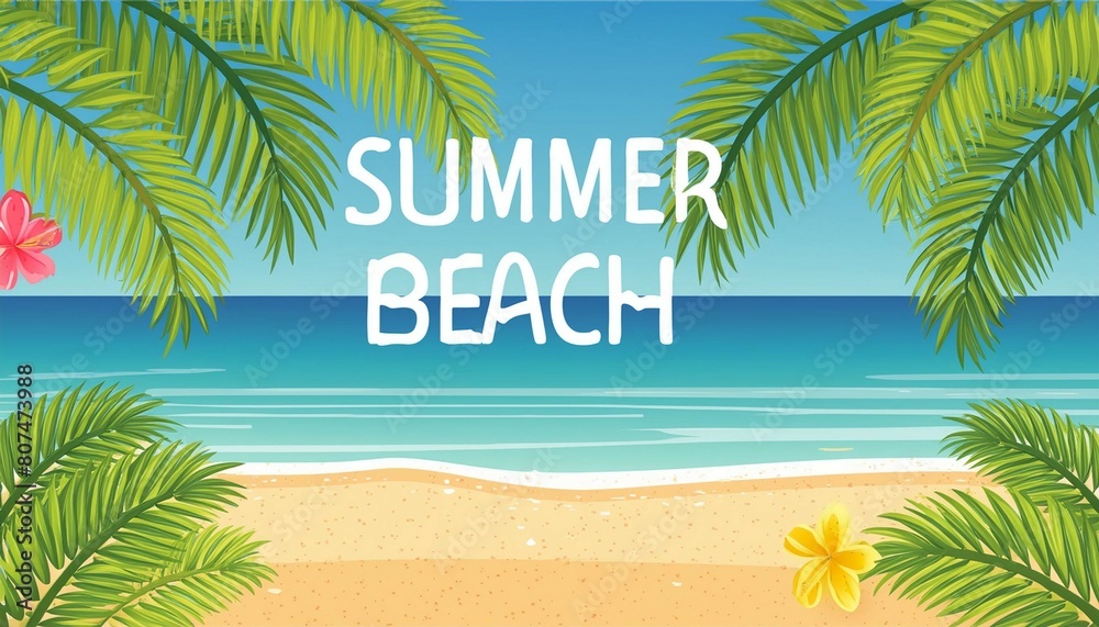 Fototapeta premium Bright summer beach banner background with coconut palm tree leaves at borders