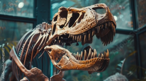 Dinosaur skeleton head on display in museum generative ai