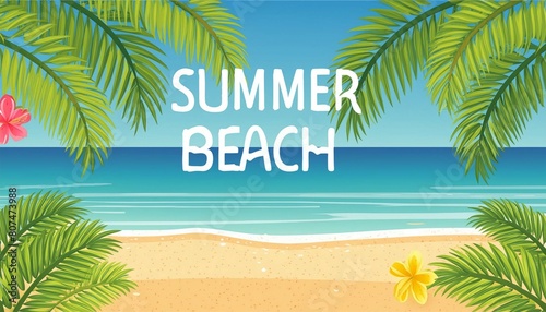 Bright summer beach banner background with coconut palm tree leaves at borders