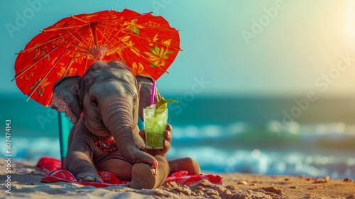 A elefant in human clothes lies on a sunbathe on the beach, on a sun lounger, under a bright sun umbrella