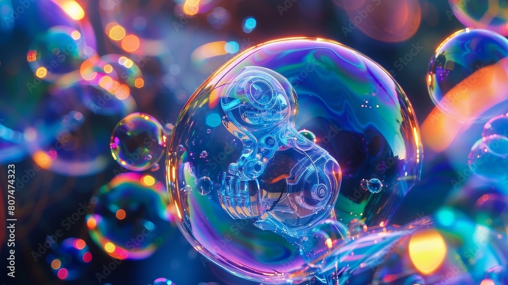 Festive and fun, a robot street performer creates a burst of colorful soap bubbles, illuminated by the summer sun, close view Festive and fun, a robot street performer creates a burst of colorful soap bubbles, illuminated by the summer sun, close view