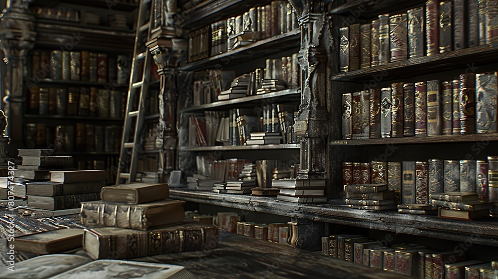 Wonderful Ancient gothic library, dark and eerie library, magic medieval library full of ancient books