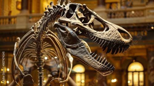 Dinosaur skeleton head on display in museum generative ai