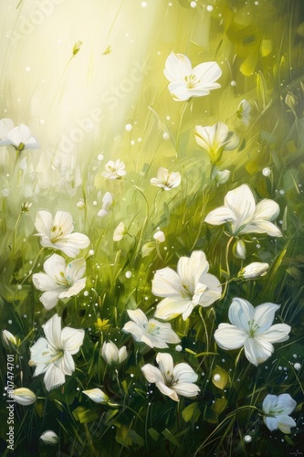 A painting of a field of white flowers with a bright green background
