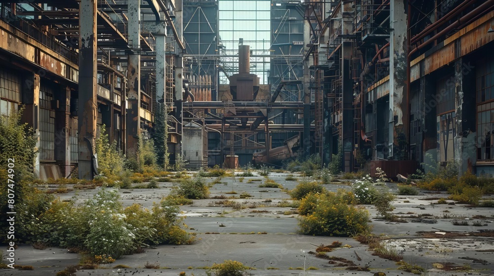 A closed manufacturing plant with rusting equipment and overgrown weeds, symbolizing industrial decline