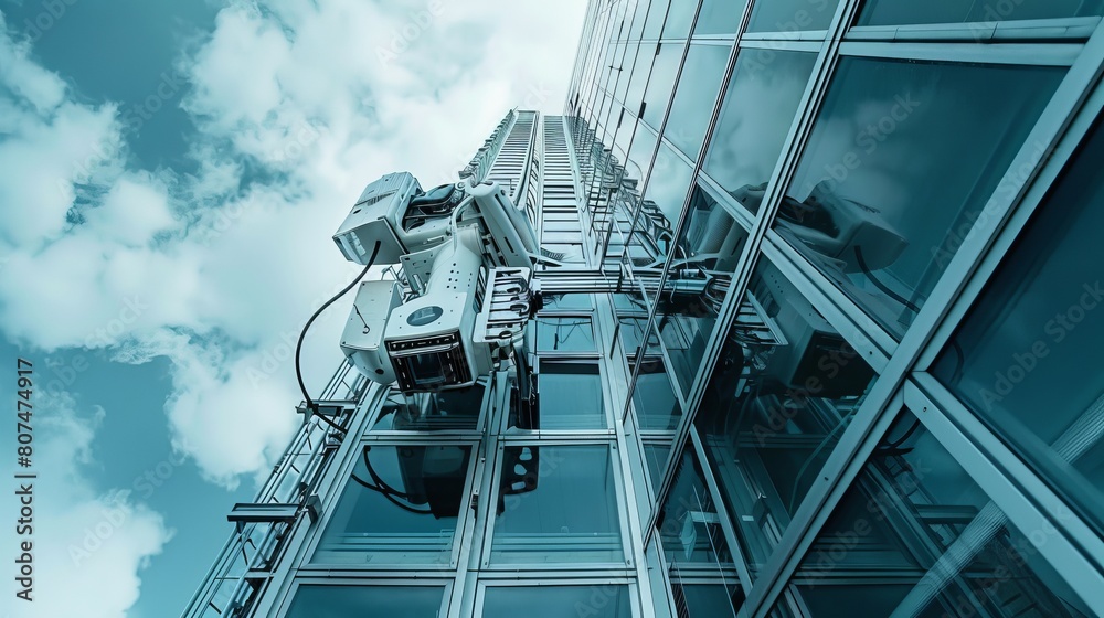 Dynamic image of a robot window cleaner at work on a skyscraper, focusing on precision and urban backdrop