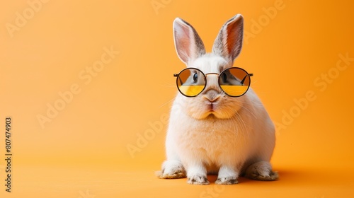 A scholarly white rabbit wearing round yellow-tinted glasses. photo