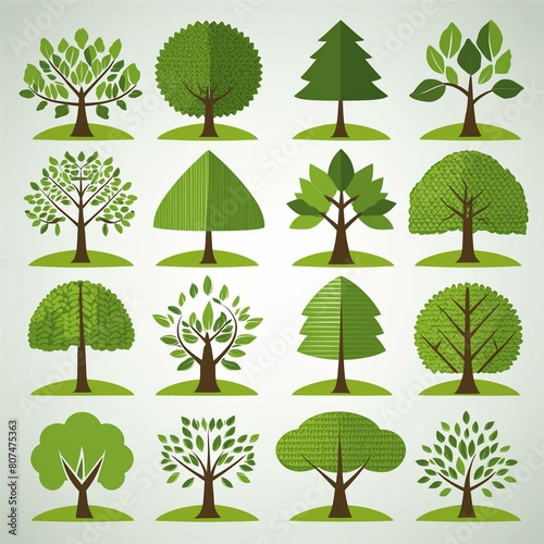 Collection of various green tree  icon set on white background