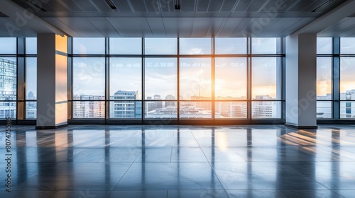 Modern office space with large windows and a view of the city skyline at sunset.
