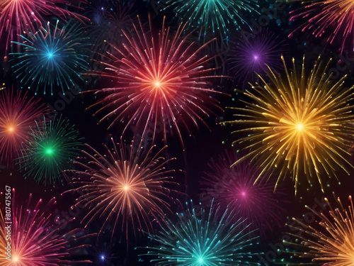 Colorful vibrant glittering fireworks Background with glow smoke and confetti banner ai generative