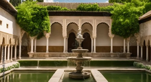 green palace garden with fountain in ancient Alhambra palace photo