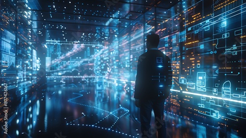 A businessman analyzing a 3D holographic map of encrypted data flows, visualizing cyber security threats in real-time.